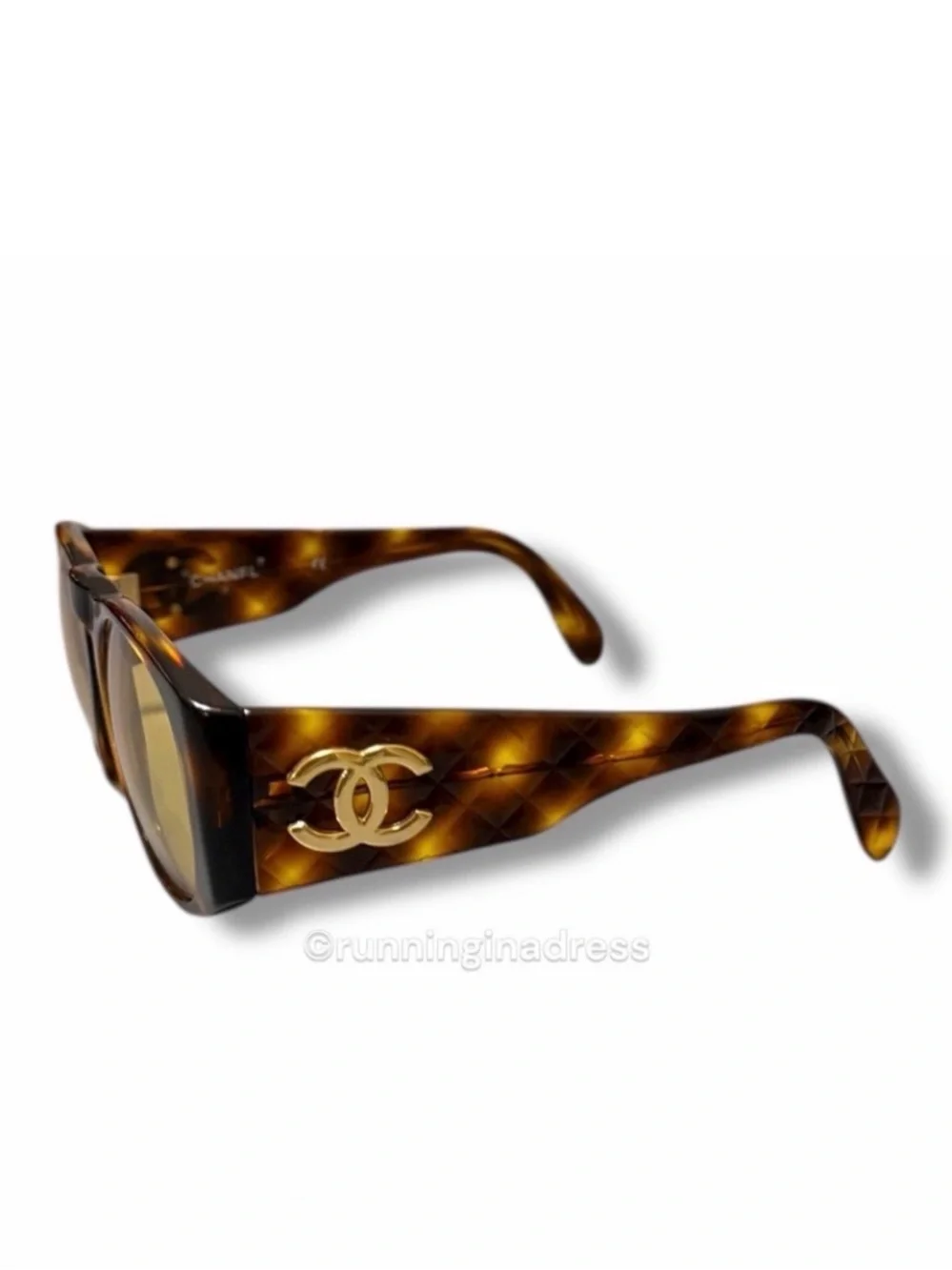 Vintage Chanel 01450 Quilted Sunglasses Tortoise Amber Lens SS 1991 Runway